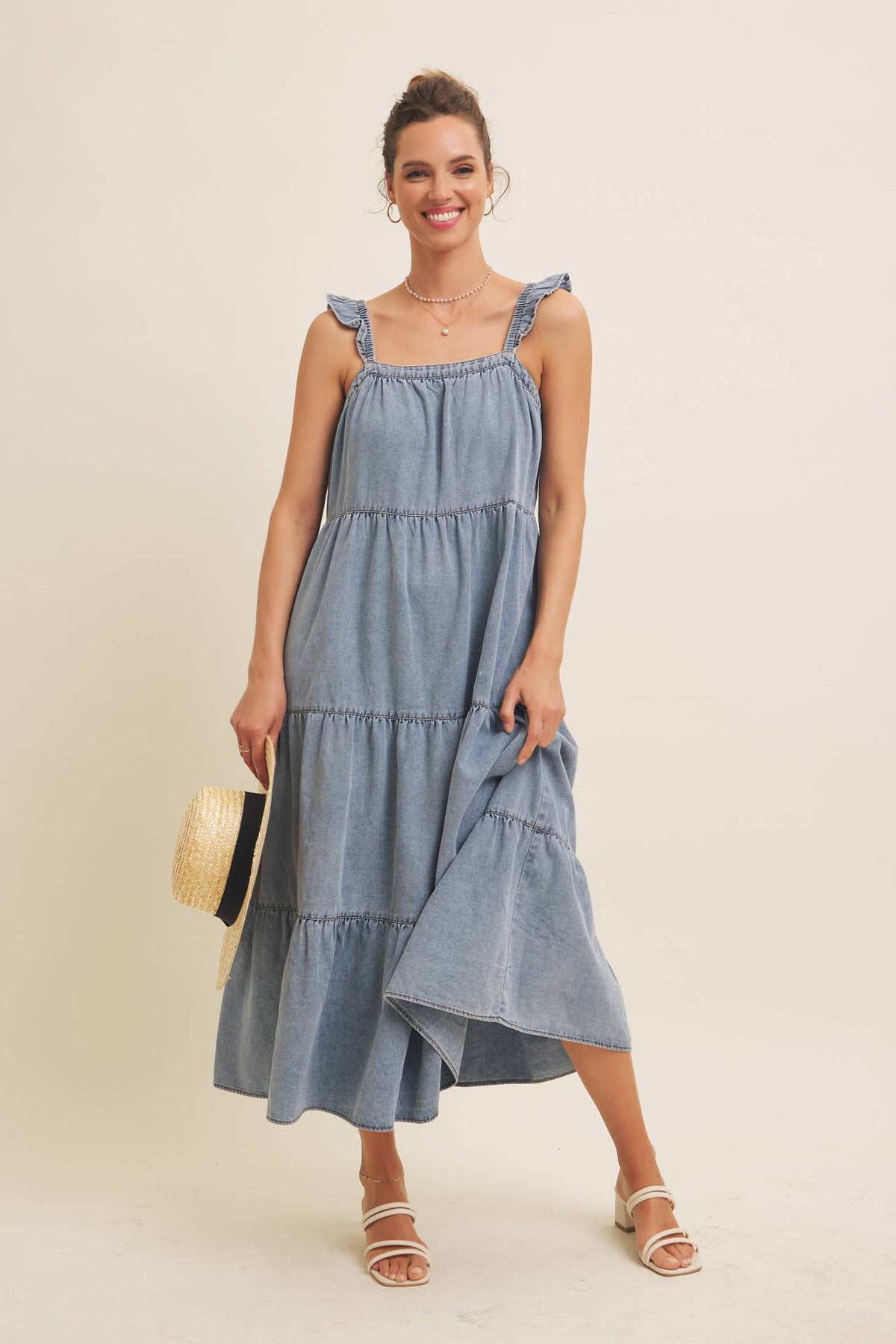 DENIM WASHED MIDI DRESS WITH RUFFLES AND BACK BOW