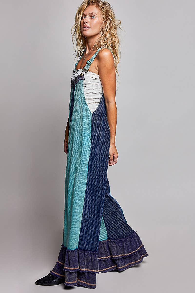 Indigo & Mint Ruffle-Trim Wide-Leg Overalls