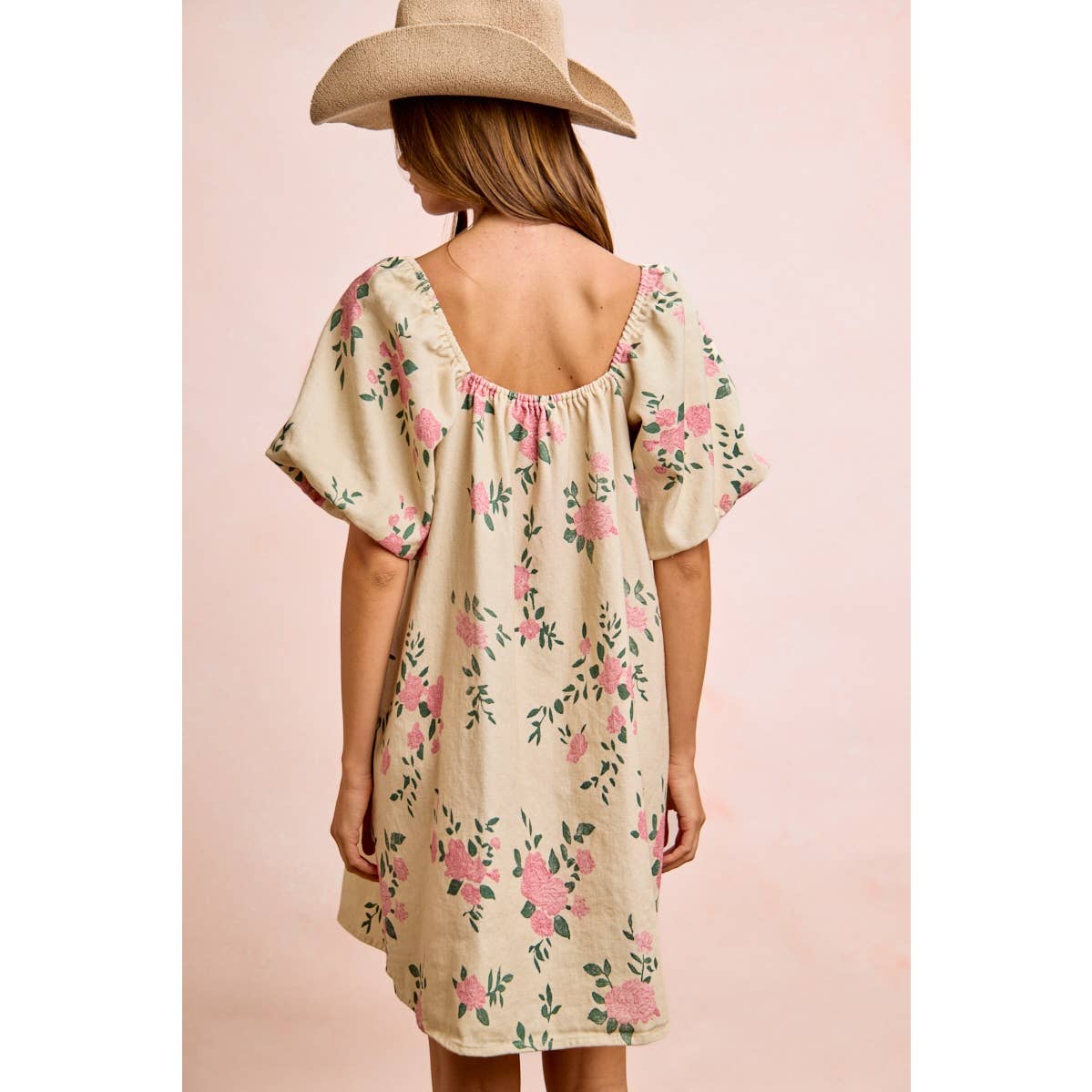 FLORAL DENIM SQUARE NECK DRESS WITH BUBBLE SLEEVE
