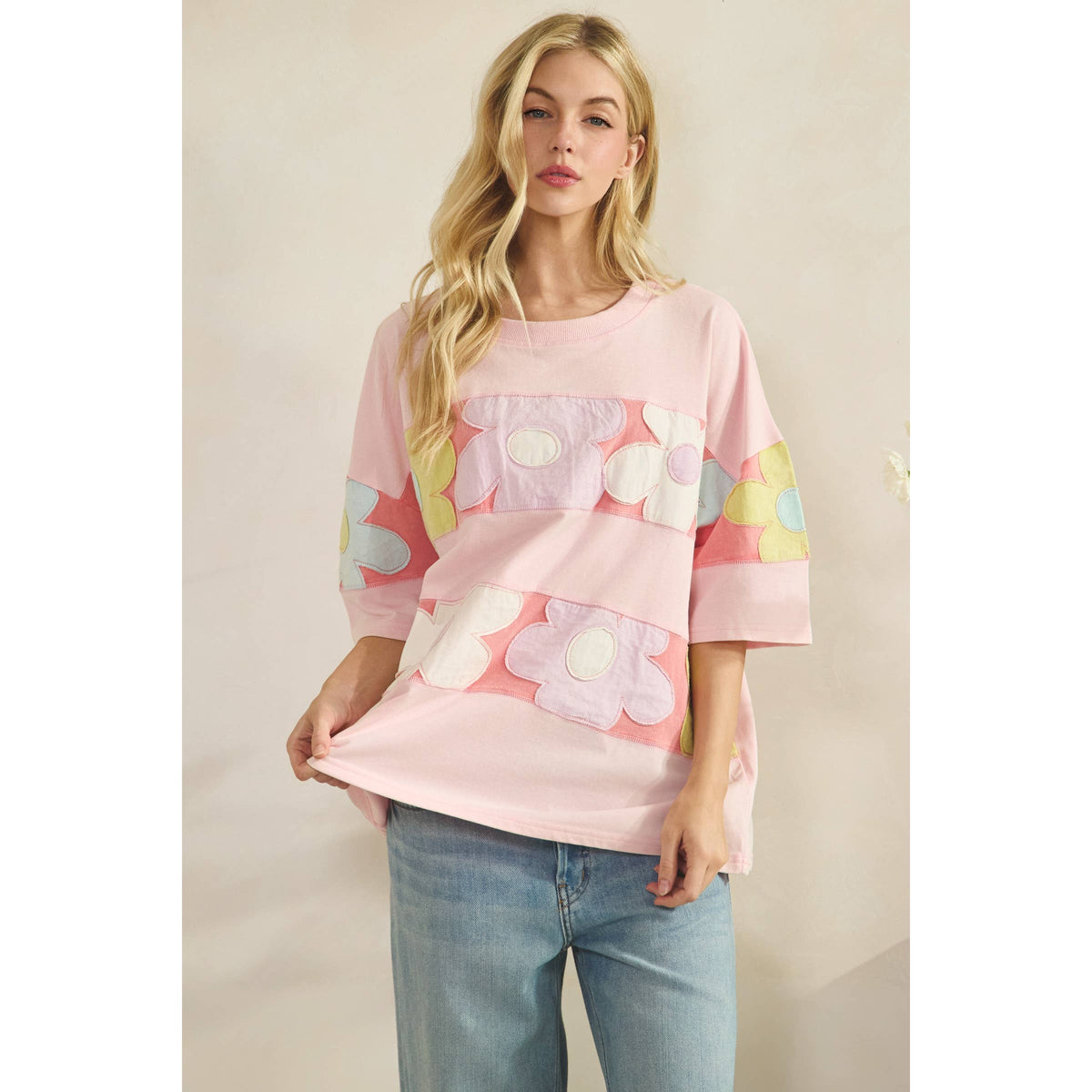 PASTEL FLORAL PATCHWORK OVERSIZED TEE (ST7836)