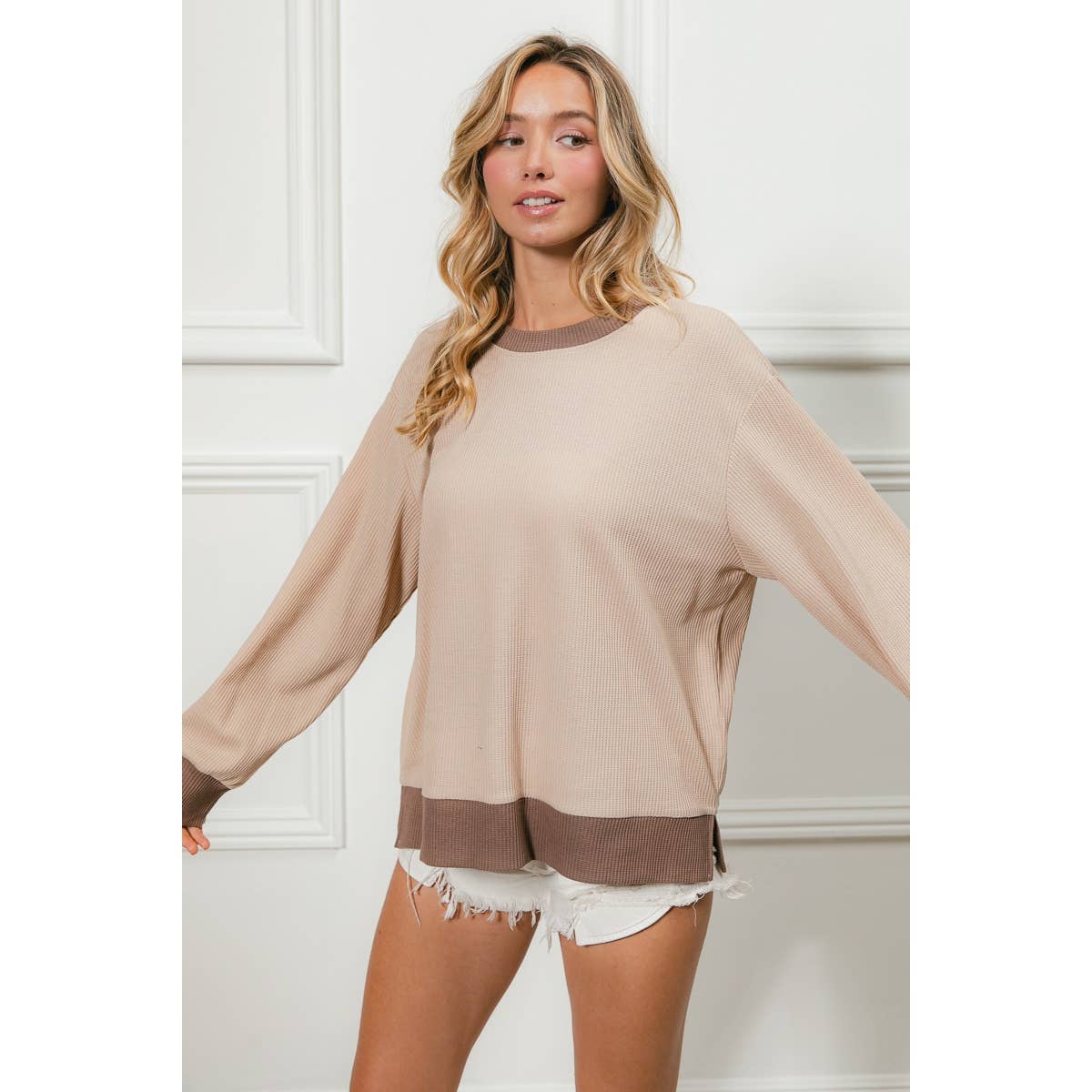 Color Block Waffle Thermal Pullover