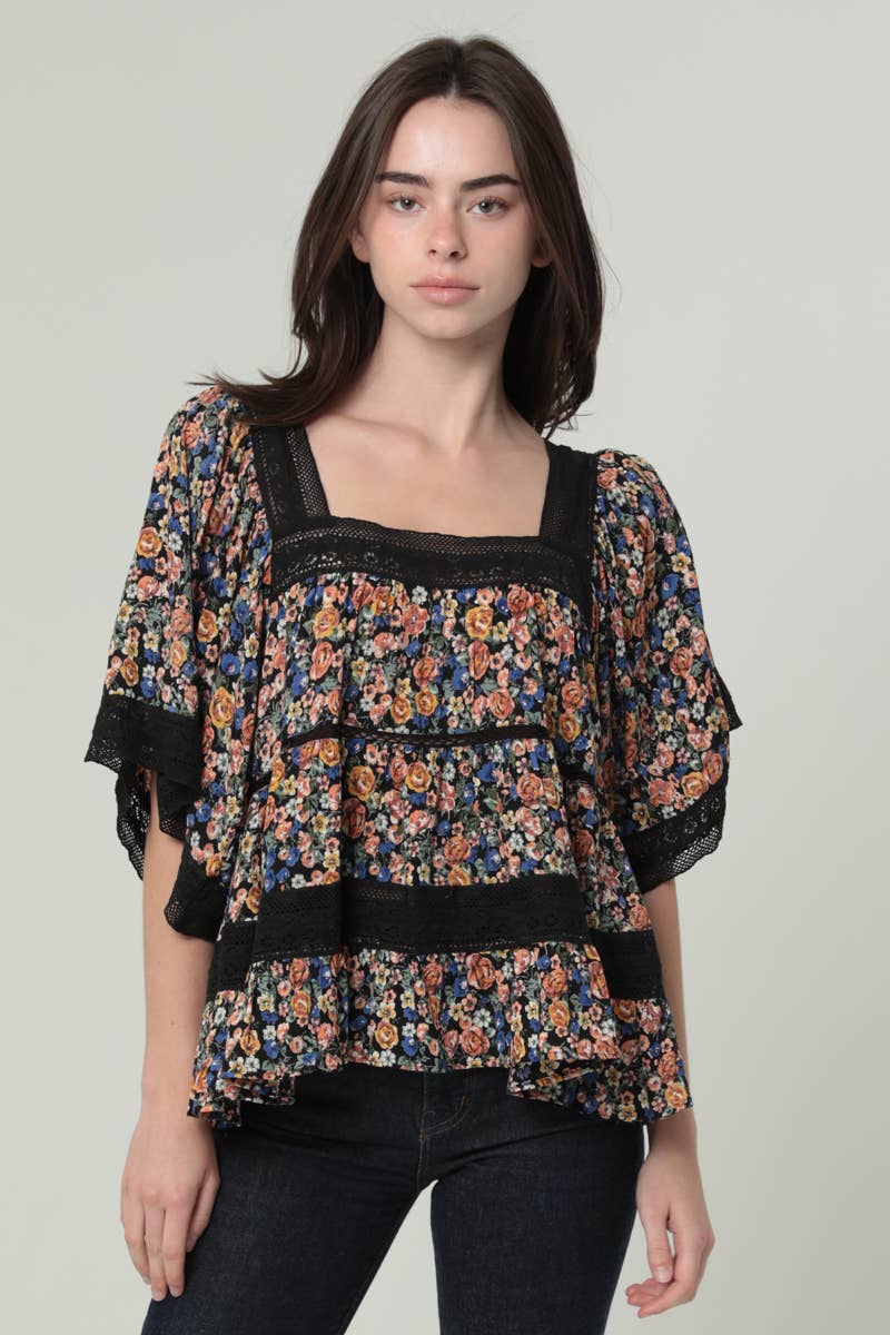 Lace Trim Square Neck Blouse