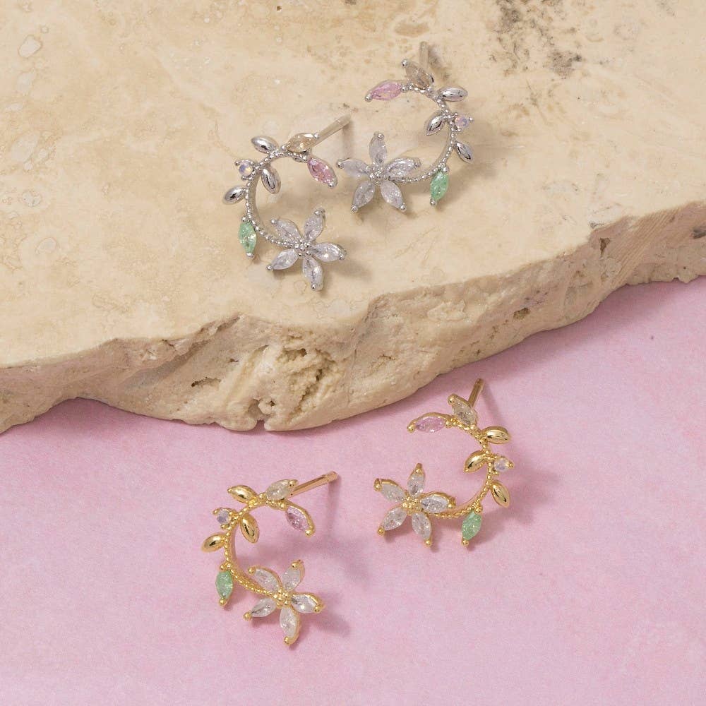 Gold Dipped Cz Leaf And Flower Circle Stud Earrings
