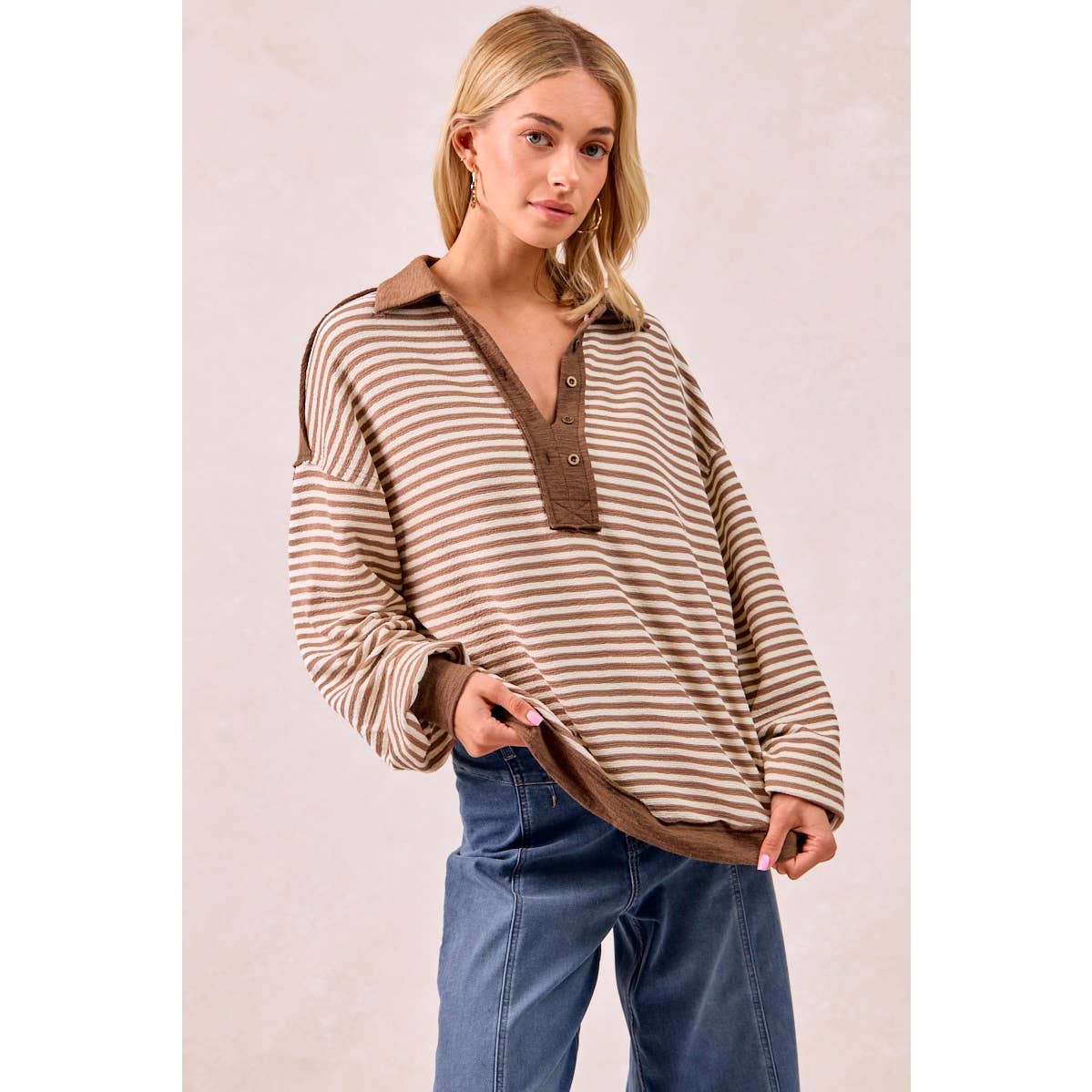 SLUB KNIT AND STRIPES MIX AND MATCH COLLARED TOP