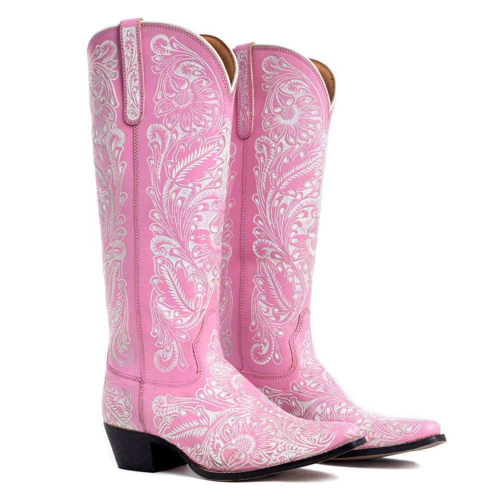 Pink Hand-Tooled Floral Western Boots