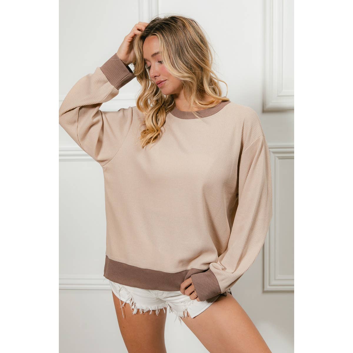 Color Block Waffle Thermal Pullover