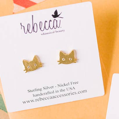 Cat Face Post Earrings Pet Animal Cubic Zirconia Gemstone
