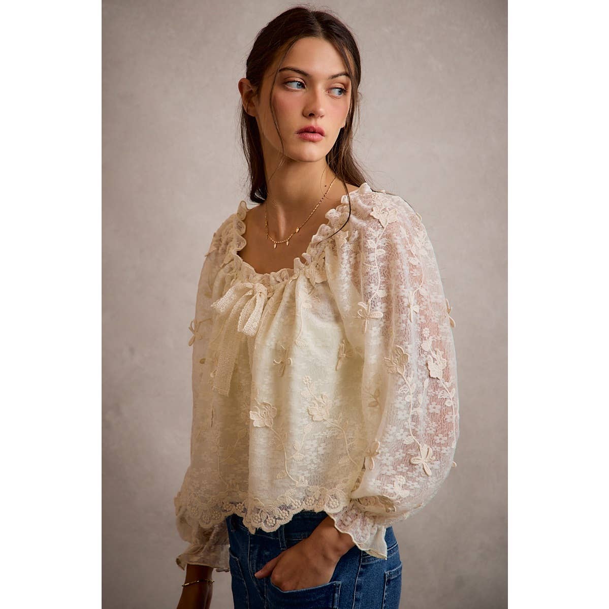 3D Floral Lace Scallop Edge Long Sleeve Blouse