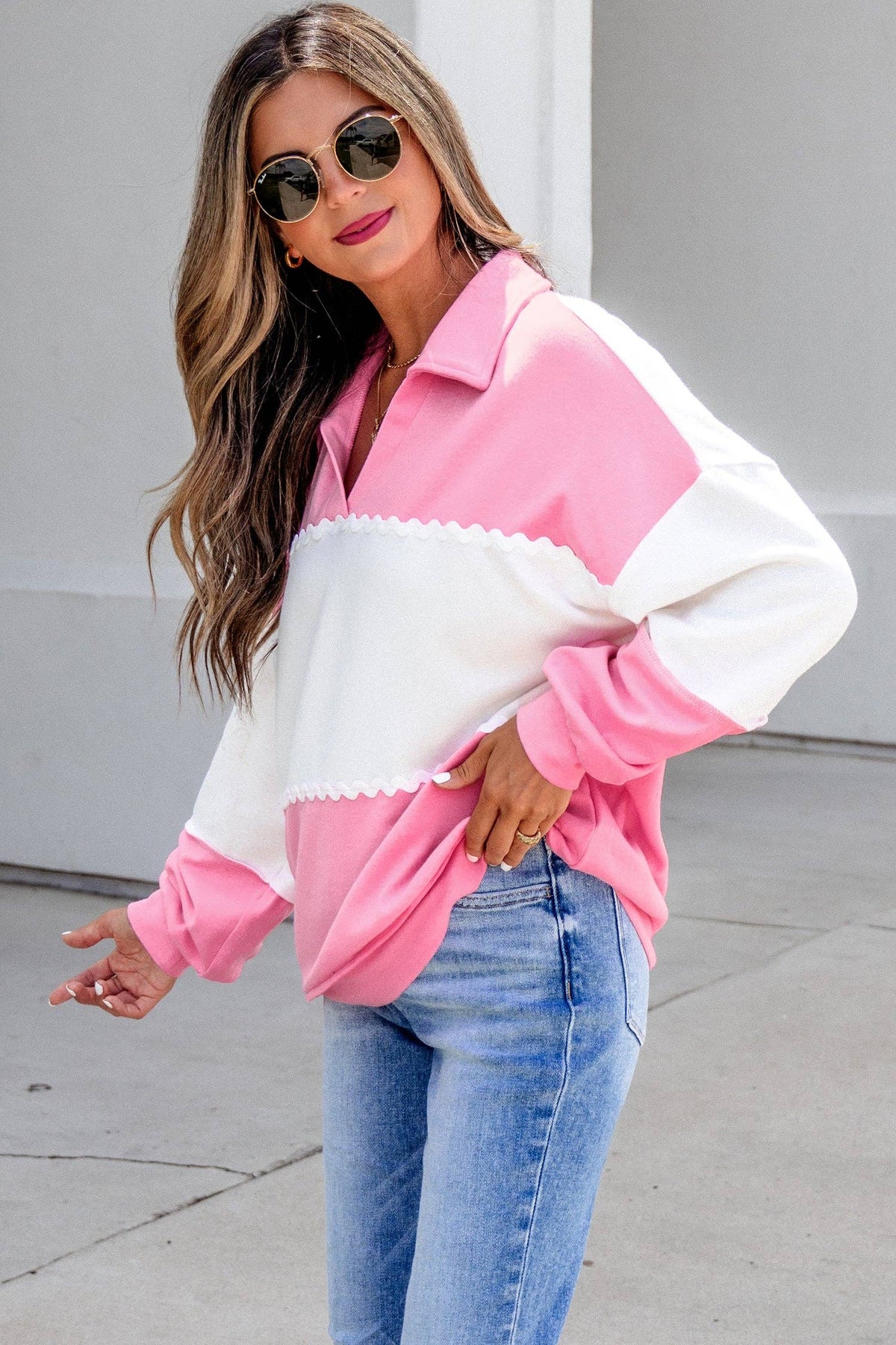 Color Block Ricrac Trim Patchwork Collar V Neck Long Sleeve Top