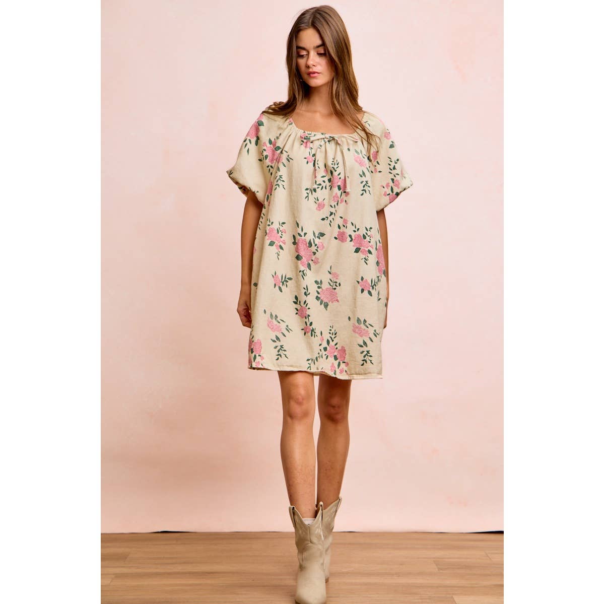 FLORAL DENIM SQUARE NECK DRESS WITH BUBBLE SLEEVE