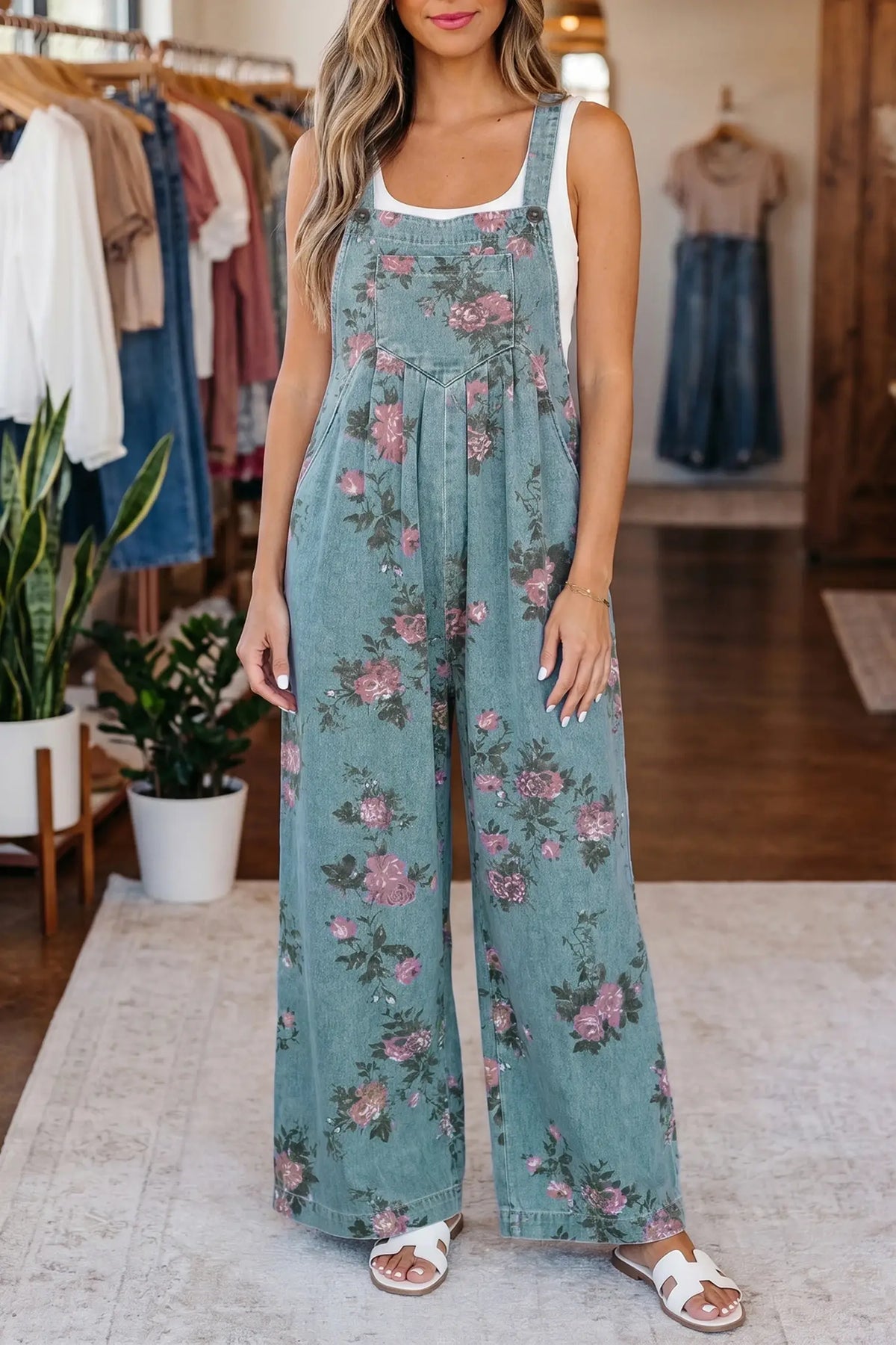 Floral Print Wide-Leg Denim Overalls