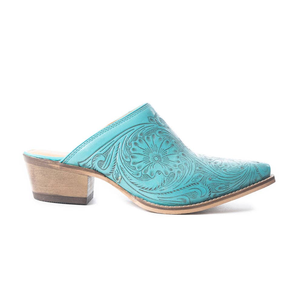 Valeria Hand-tooled Mules In Turquoise
