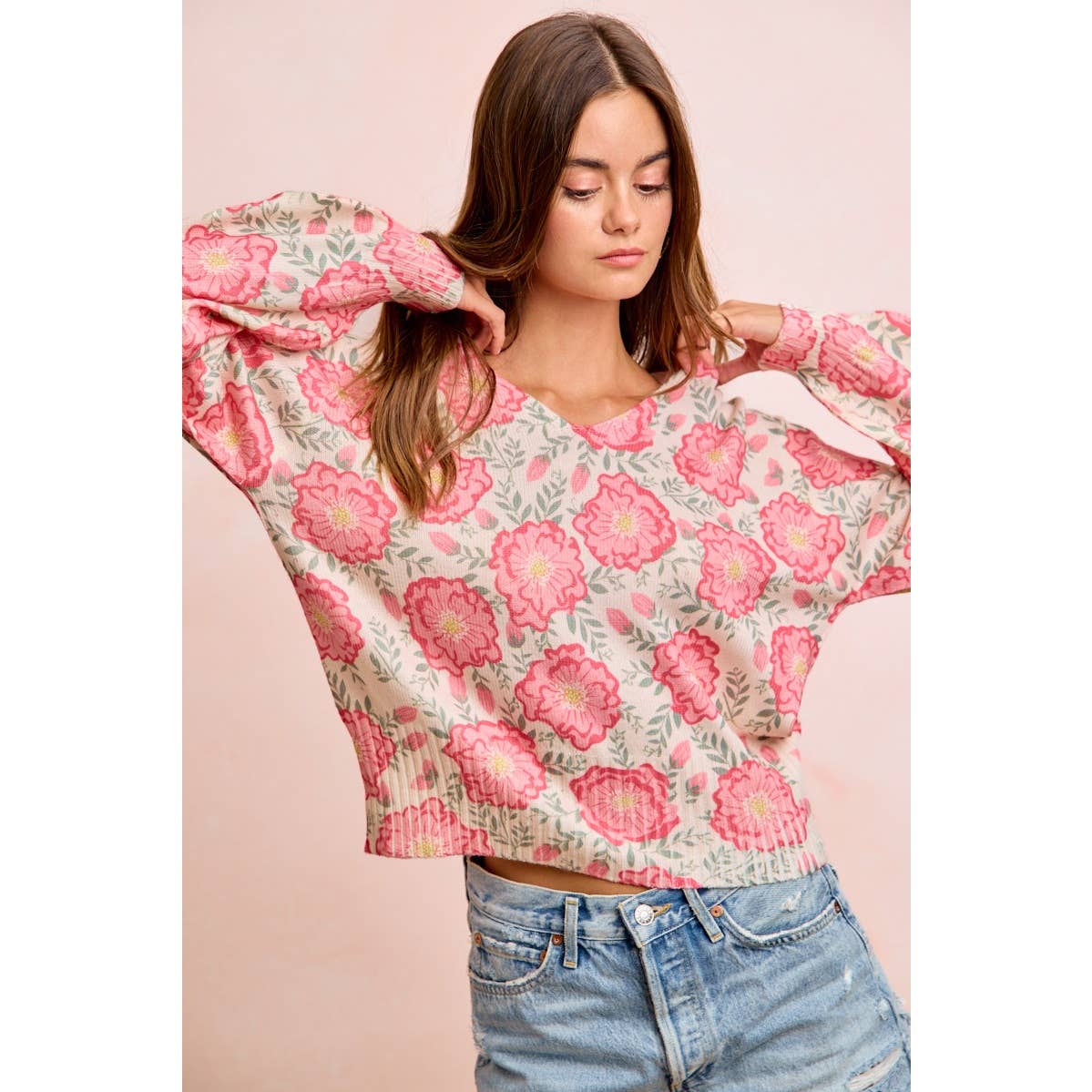 Flower Printed V-Neck Knit Top with Balloon Sleeves