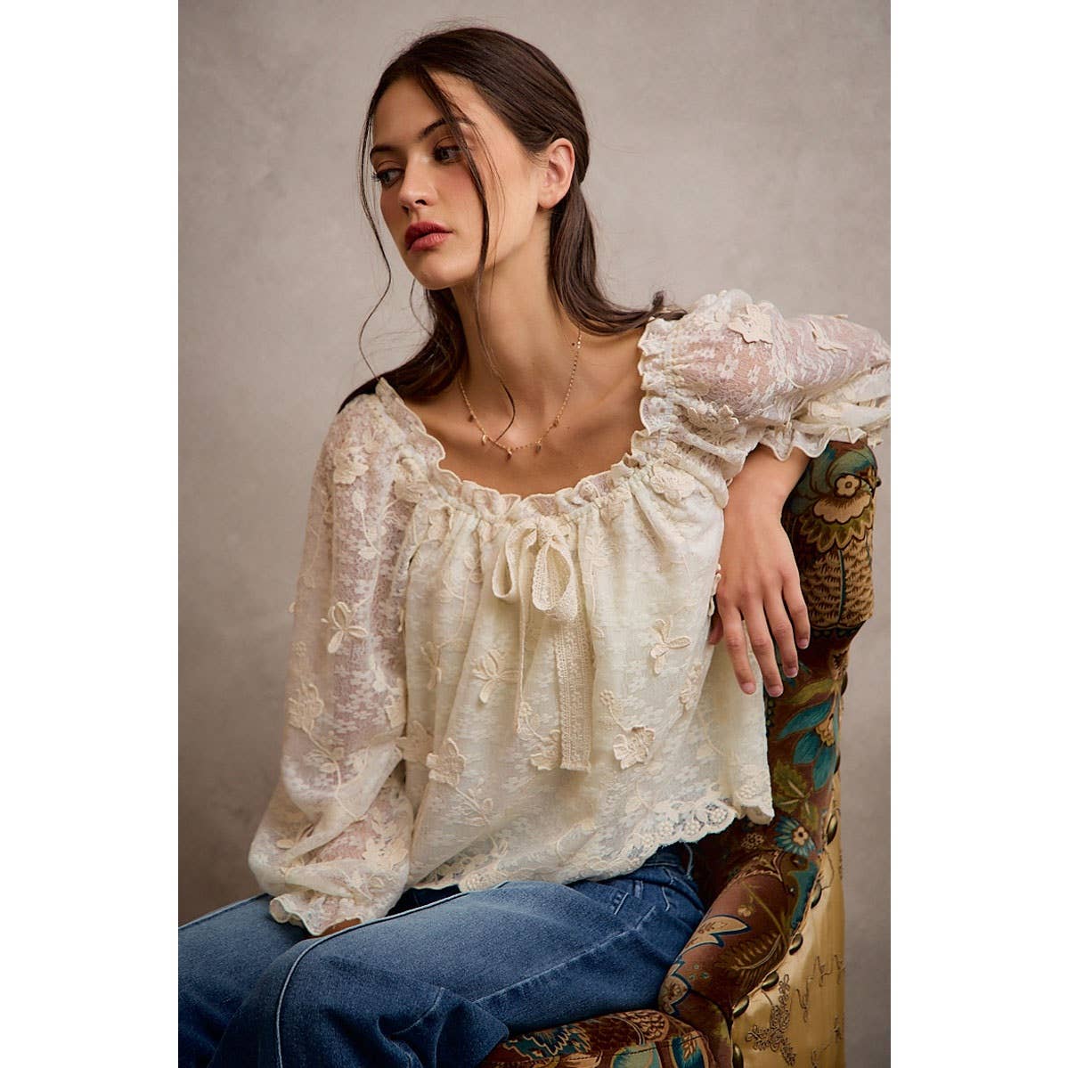 3D Floral Lace Scallop Edge Long Sleeve Blouse