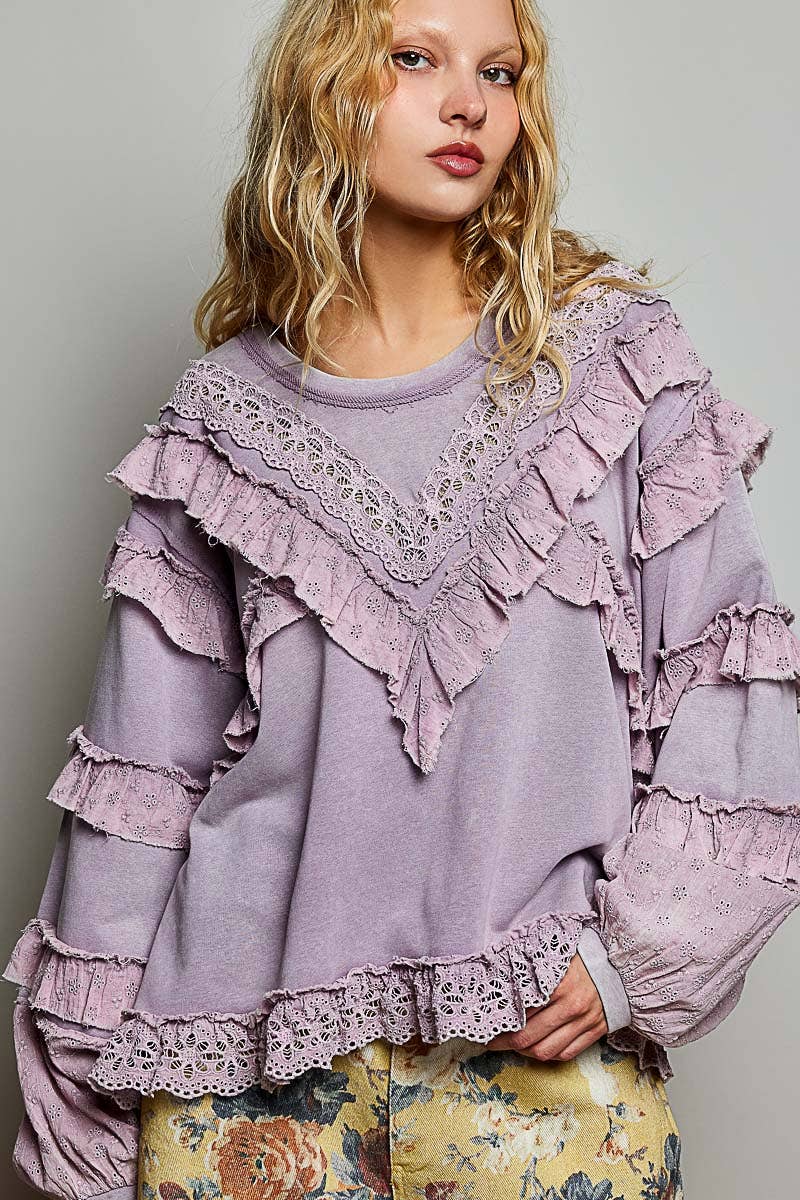 French Terry Eyelet Ruffle Vintage Washing Solid Knit Top