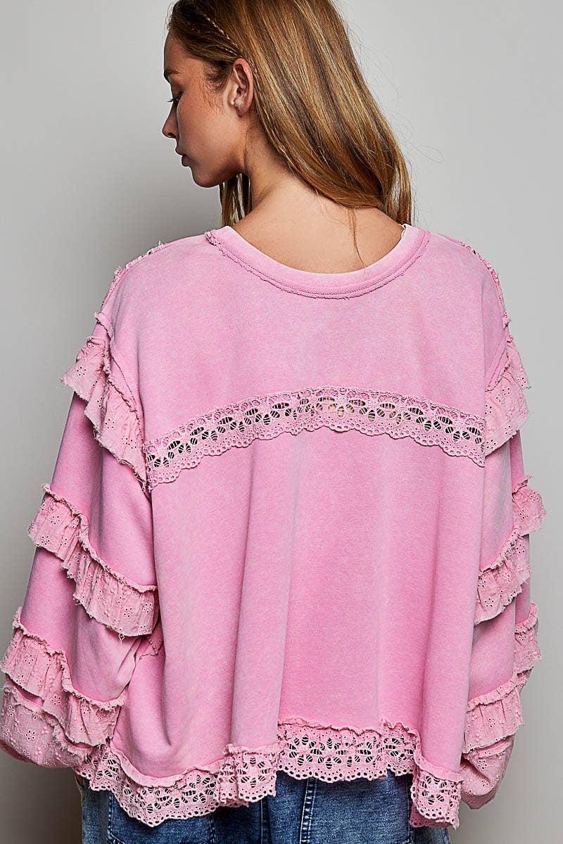 French Terry Eyelet Ruffle Vintage Washing Solid Knit Top