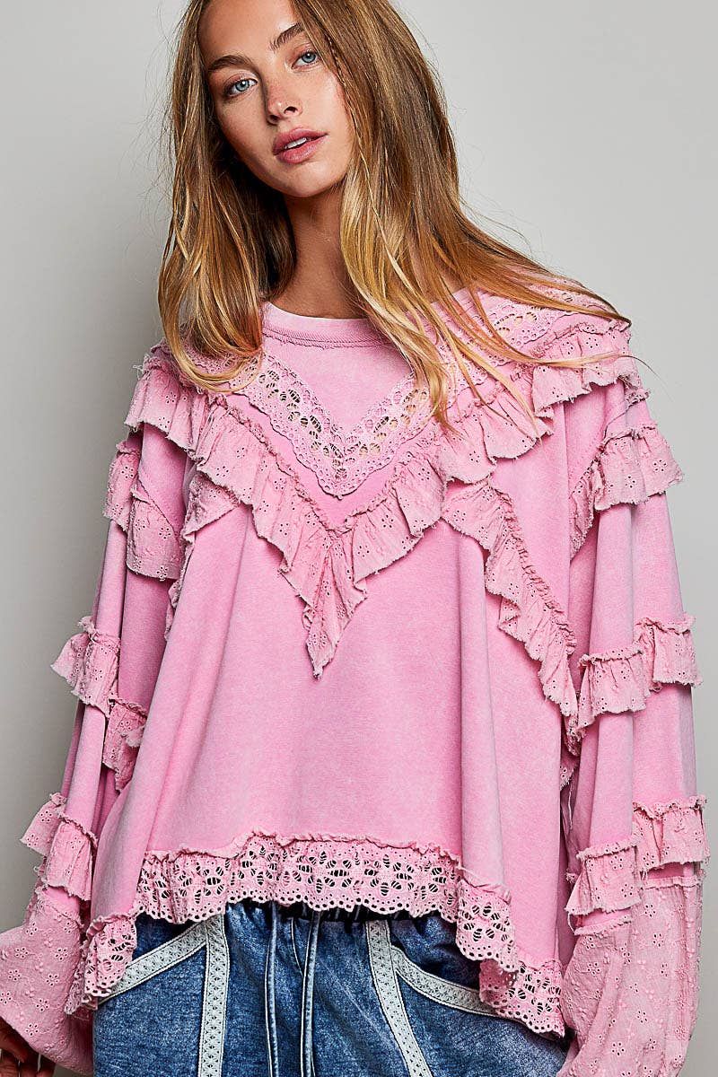 French Terry Eyelet Ruffle Vintage Washing Solid Knit Top