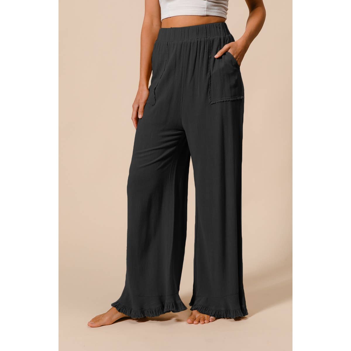 Washed Frayed Pants with Side Pocket