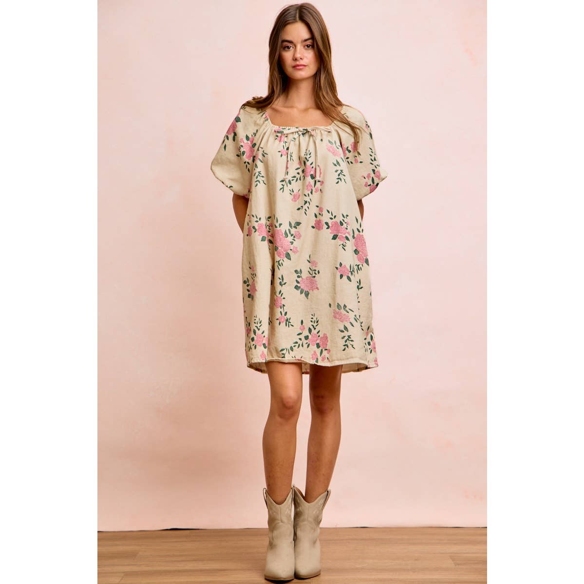 FLORAL DENIM SQUARE NECK DRESS WITH BUBBLE SLEEVE