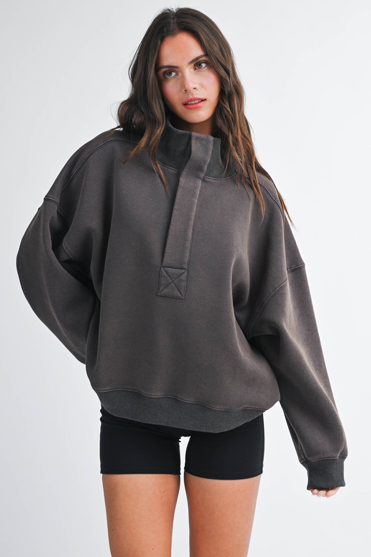 Oversized Snap Neck Pullover Sweatshirt