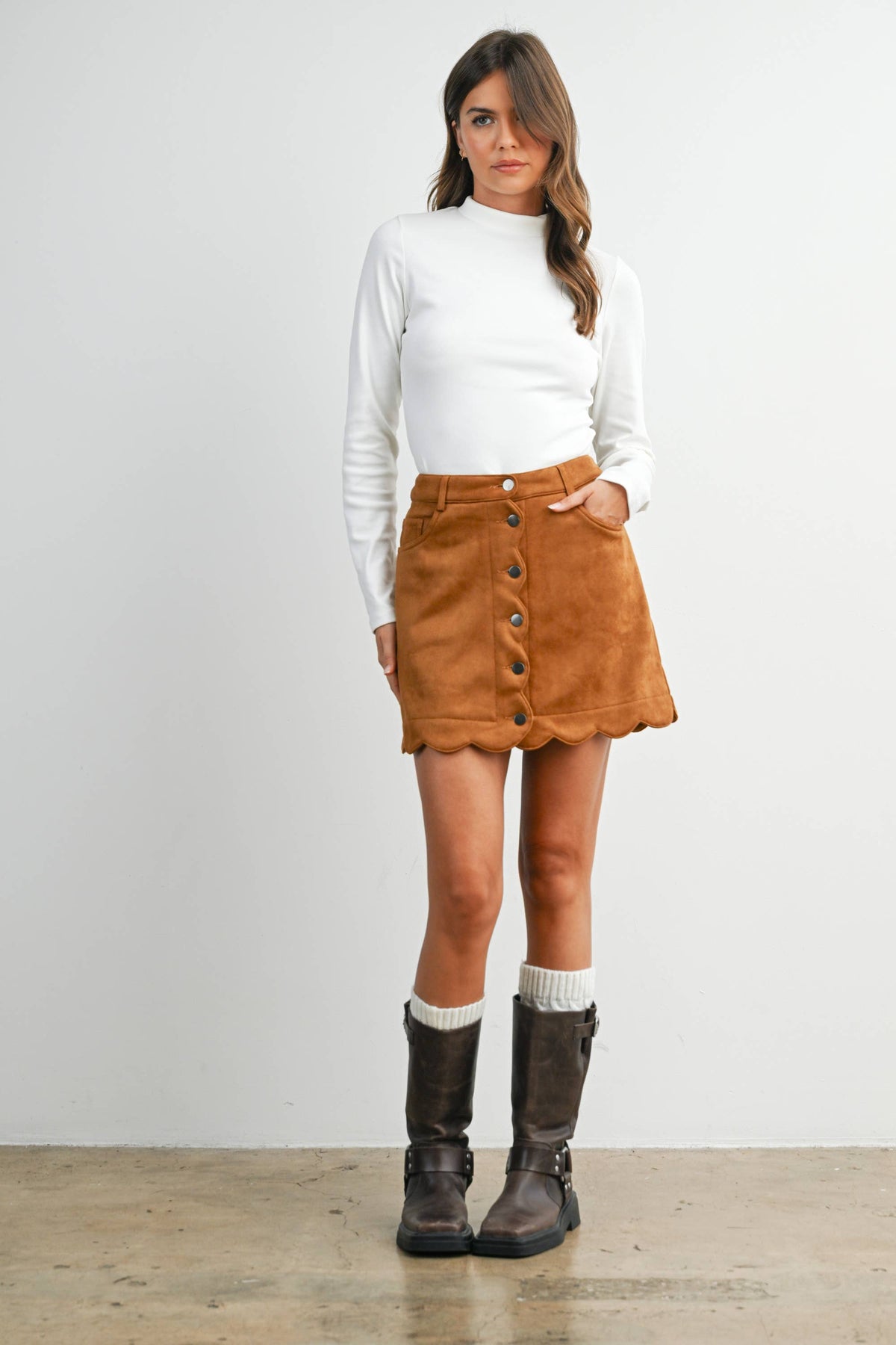Scallop Trim Button-Front Mini Skirt