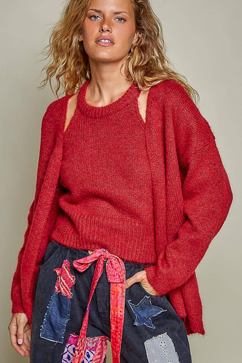 Red Wine Ribbed Knit Cardigan & Top Set