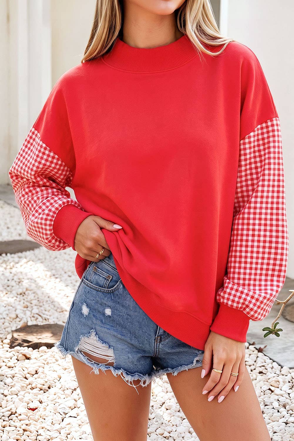 Red Plaid Sleeve Colorblock Tunic Sweatshirt