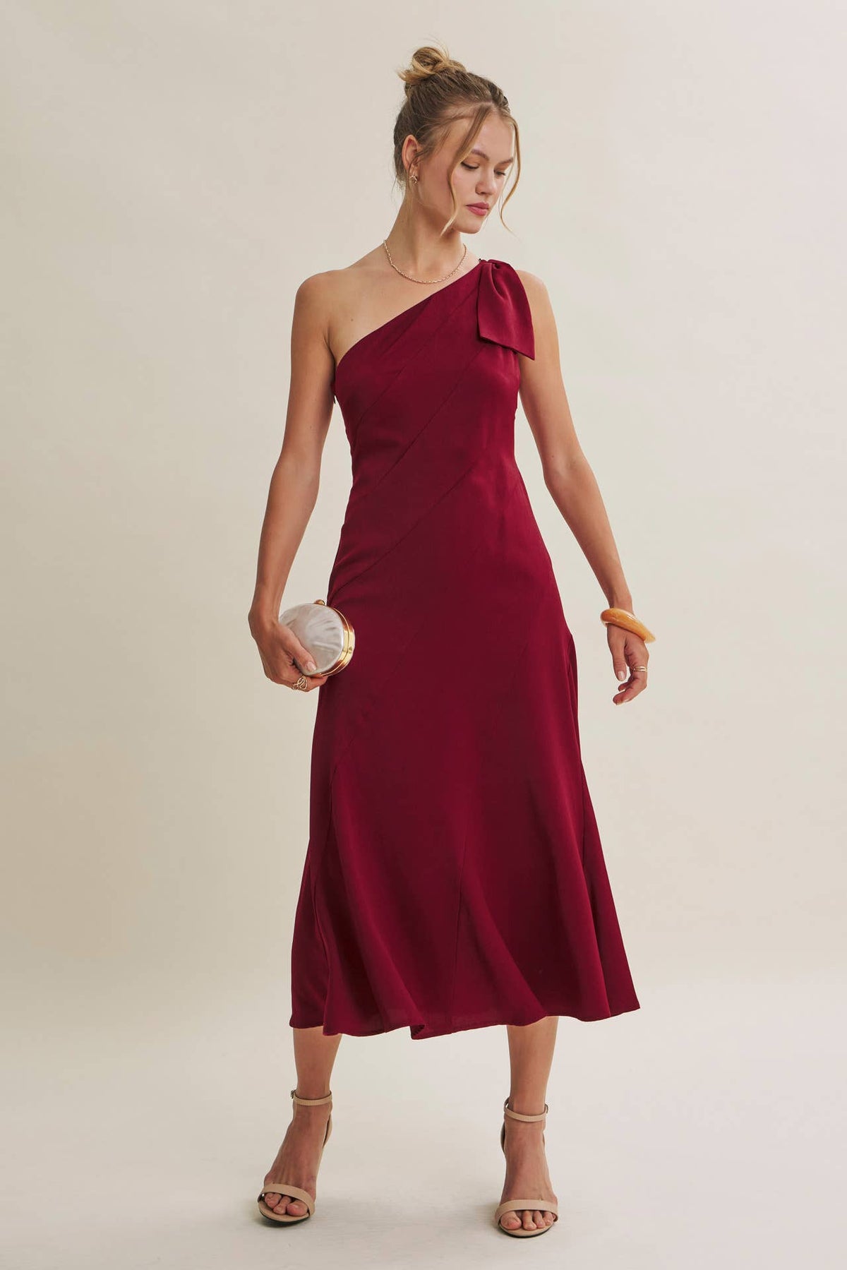 PARTY GLAM ONE-SHOULDER BOW MIDI DRESS W/ SCULPTING SEAM