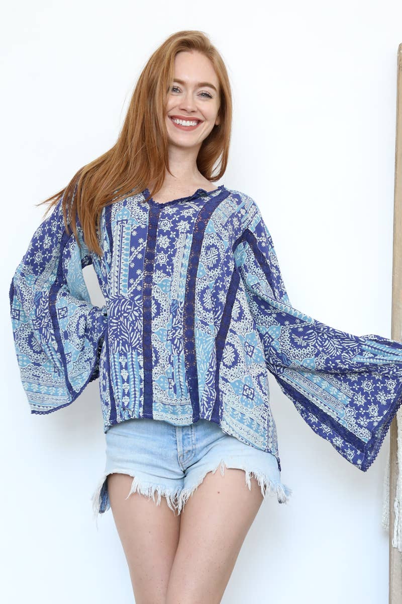 V-Neck Flare Bell Sleeve Lace Insets Top