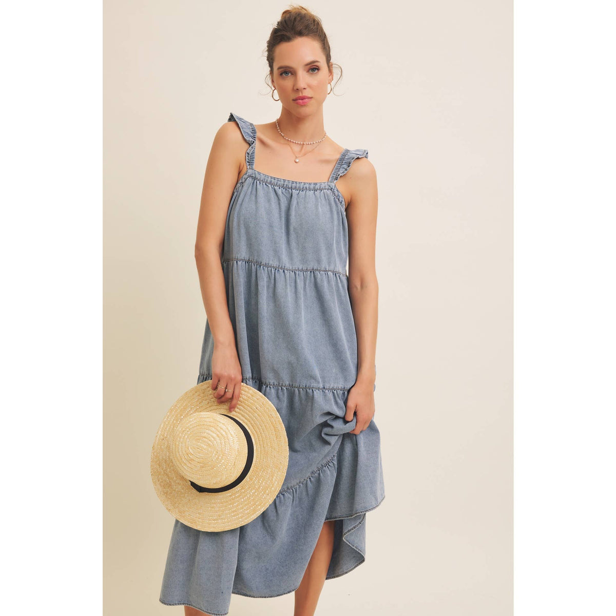 DENIM WASHED MIDI DRESS WITH RUFFLES AND BACK BOW