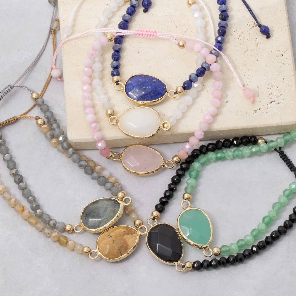 Faceted Semi Precious Oval Stone Charm Beaded Cord Bracelet