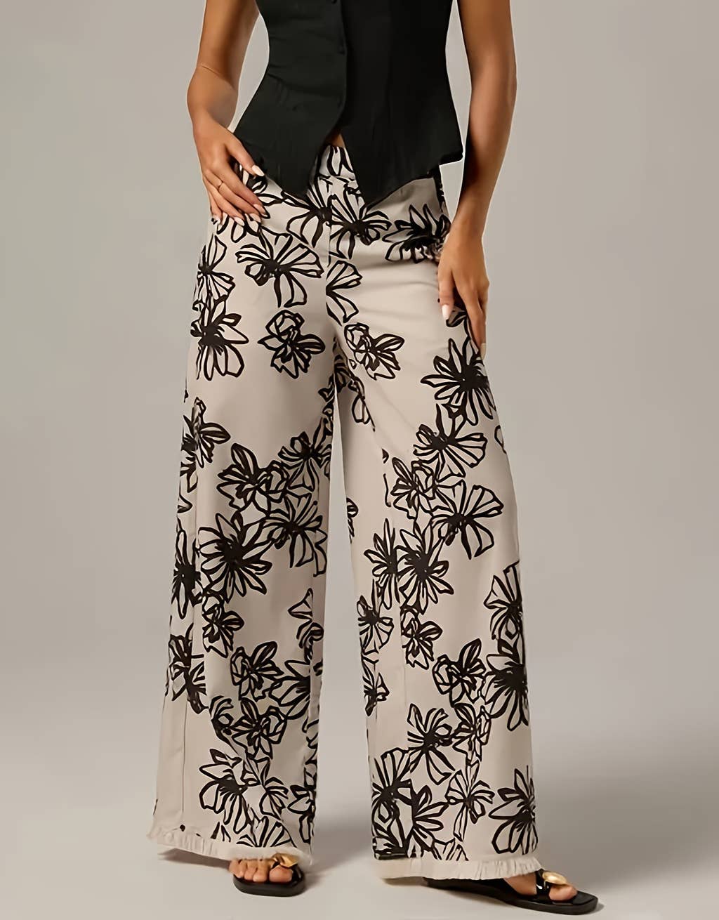 Plant Print Wide-Leg Pants with Frayed Hem