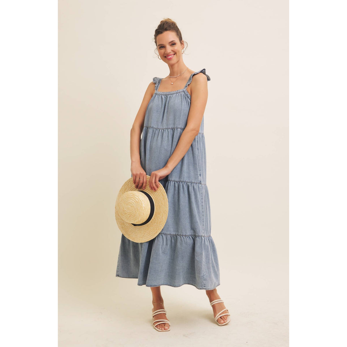 DENIM WASHED MIDI DRESS WITH RUFFLES AND BACK BOW