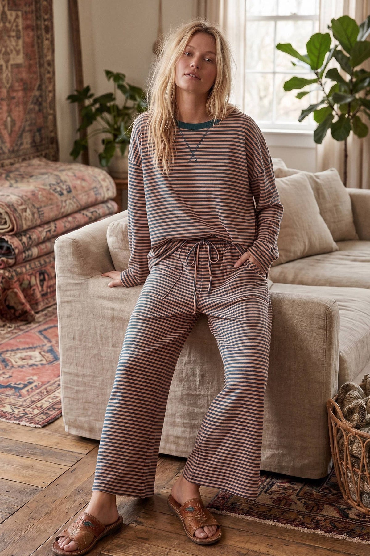 Striped Relaxed Top & Wide Leg Pants Knit Set