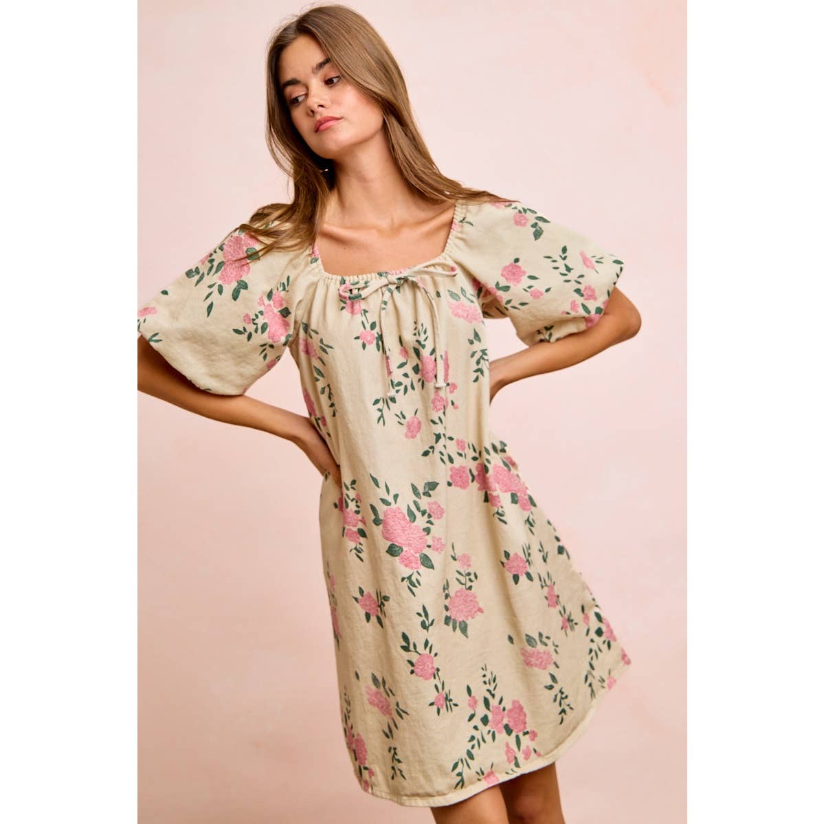FLORAL DENIM SQUARE NECK DRESS WITH BUBBLE SLEEVE