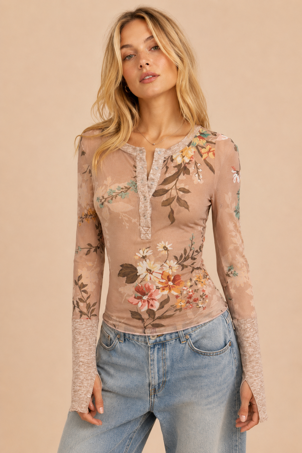 Floral Print Long Sleeve Mesh Henley Top