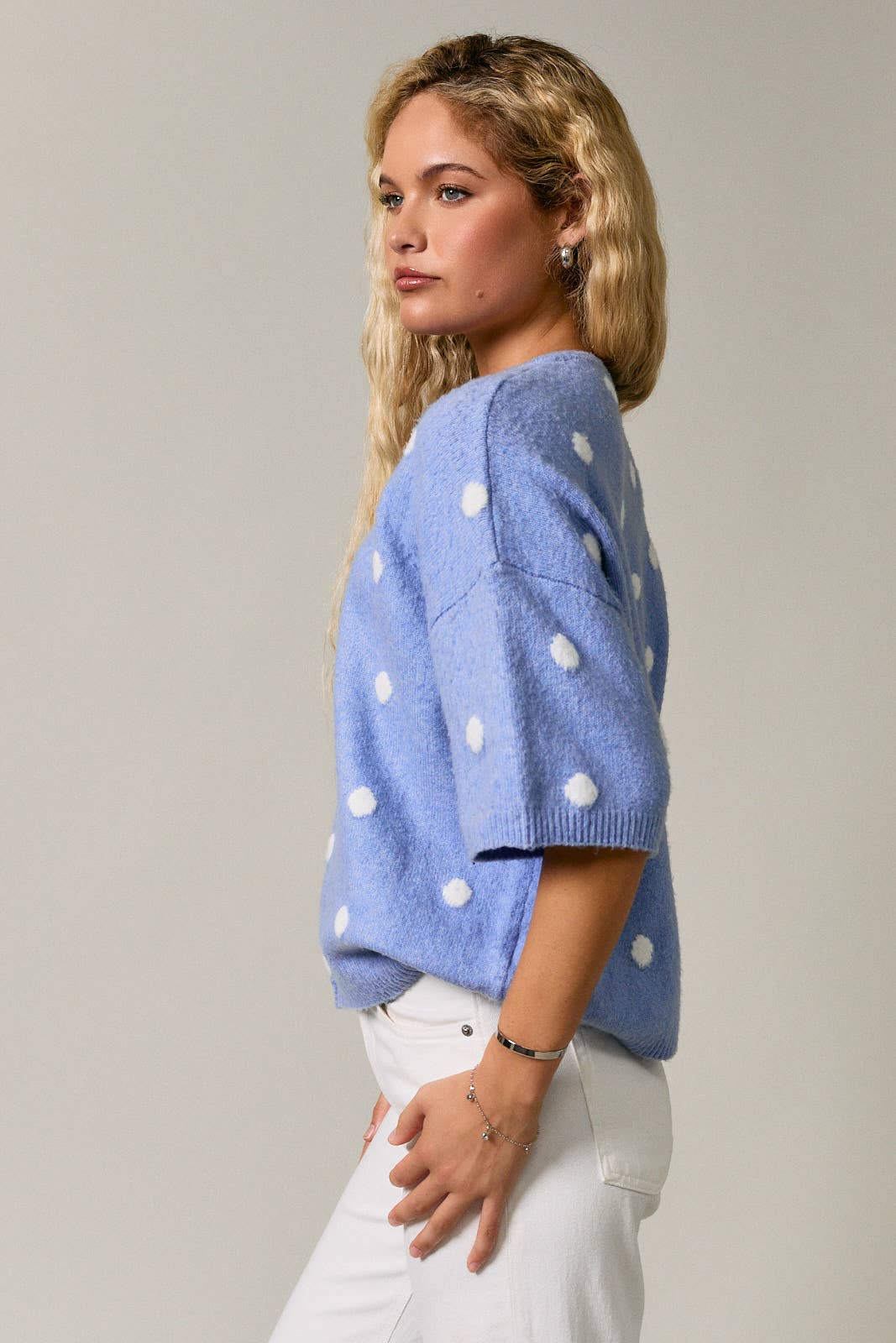 SHORT SLEEVE CREW NECK POLKA DOT SWEATER CARDIGAN
