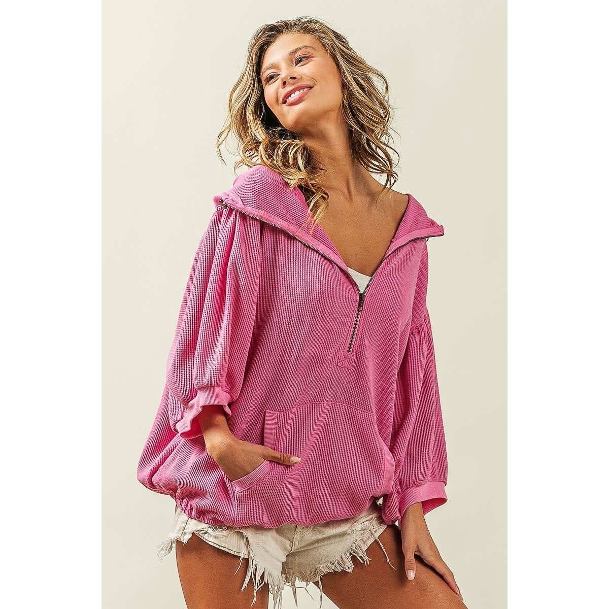 Three-Quarter Puff Sleeve Half Zip Washed Waffle Thermal Hoodie