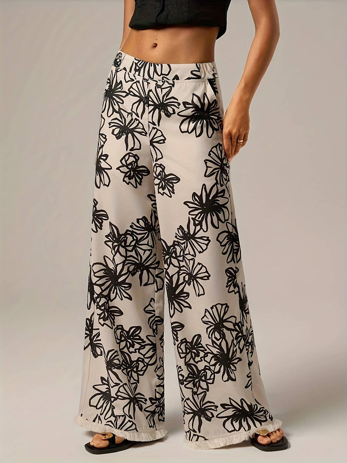 Plant Print Wide-Leg Pants with Frayed Hem