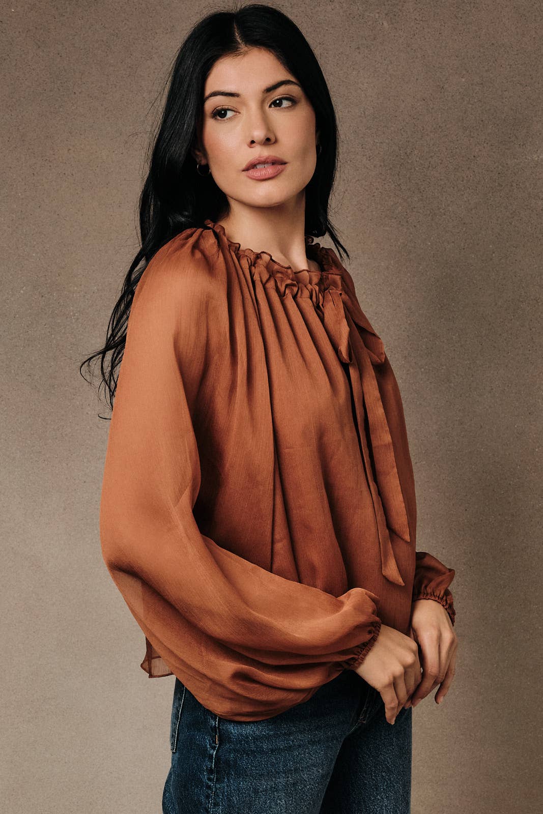 Ruffled Neck Front-Tie Crinkle Peasant Cami Blouse