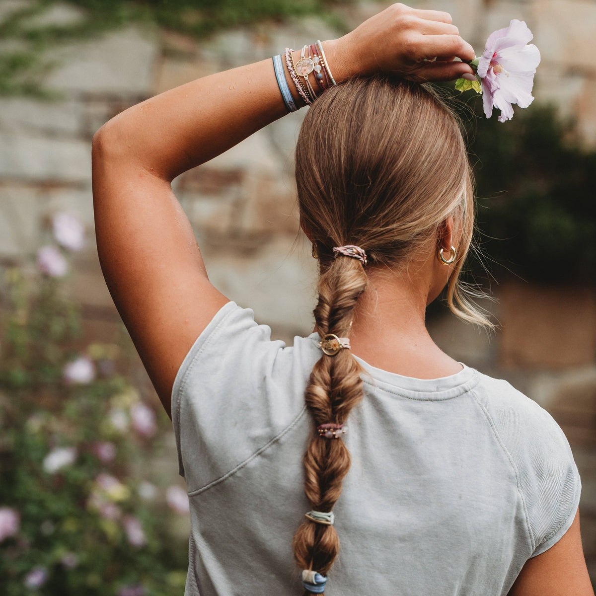 "Bloom" Maroon and Pink with Pressed Flowers Hair Tie Bracelets