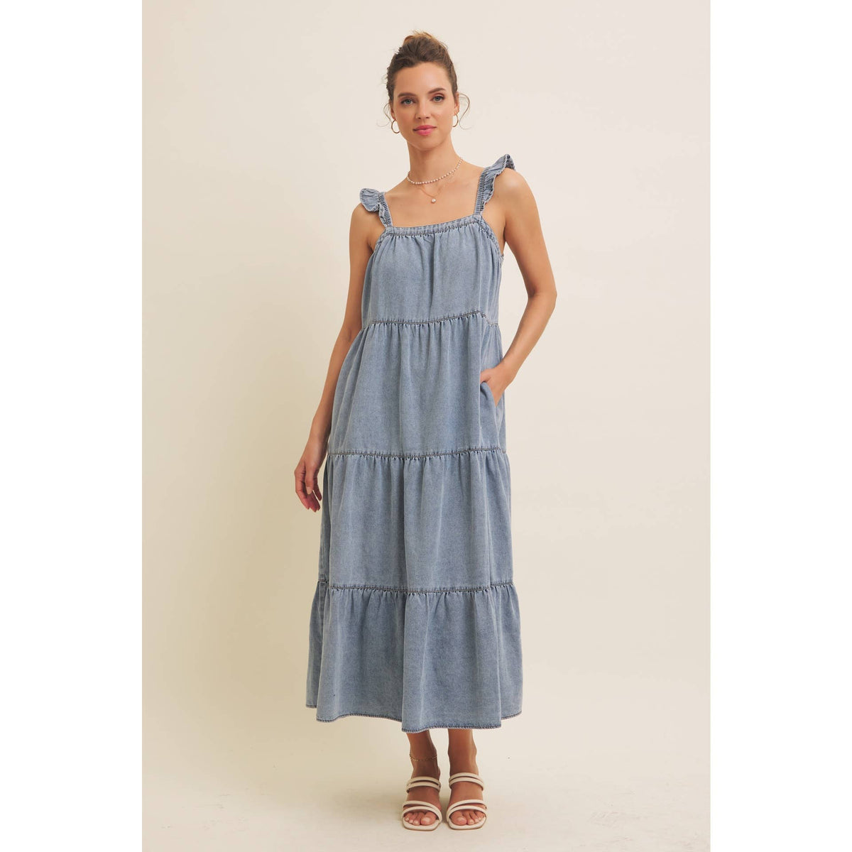 DENIM WASHED MIDI DRESS WITH RUFFLES AND BACK BOW