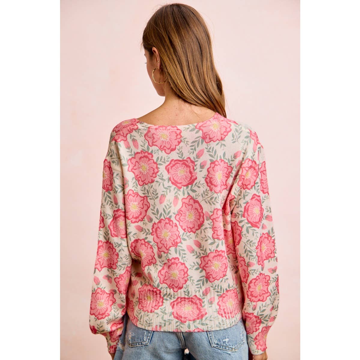 Flower Printed V-Neck Knit Top with Balloon Sleeves