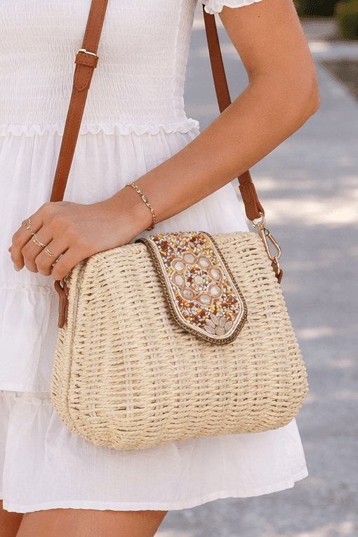 Straw Crossbody Bag With Beaded Buckle