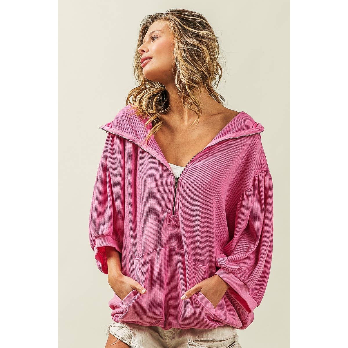Three-Quarter Puff Sleeve Half Zip Washed Waffle Thermal Hoodie