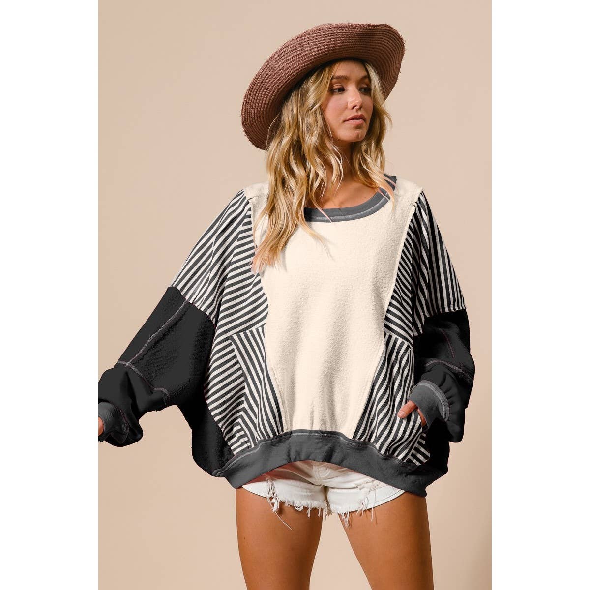 Heavy Loop Terry Stripe Color Block Pullover with Pockets