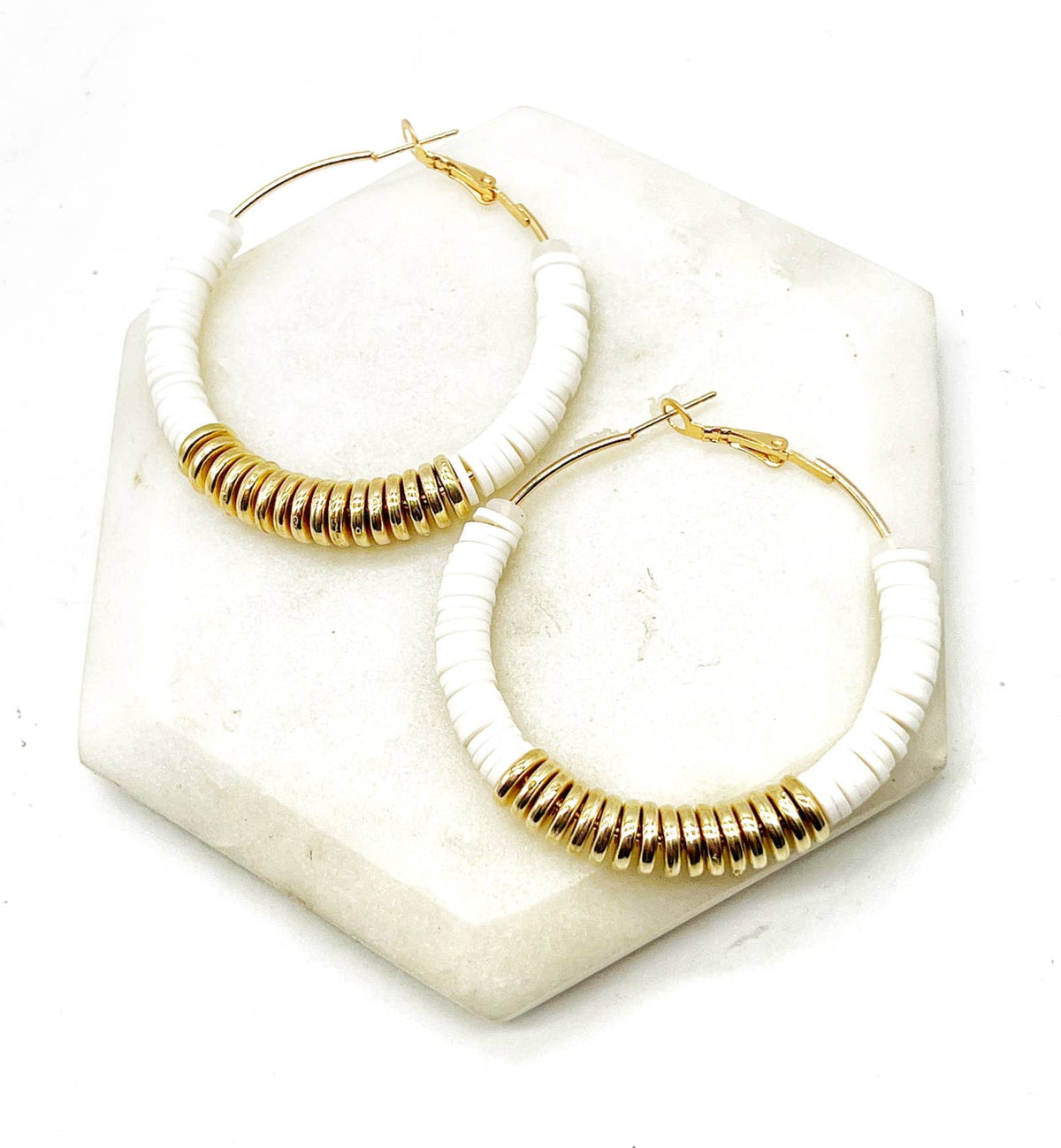 White Gold Heishi Hoop Earrings