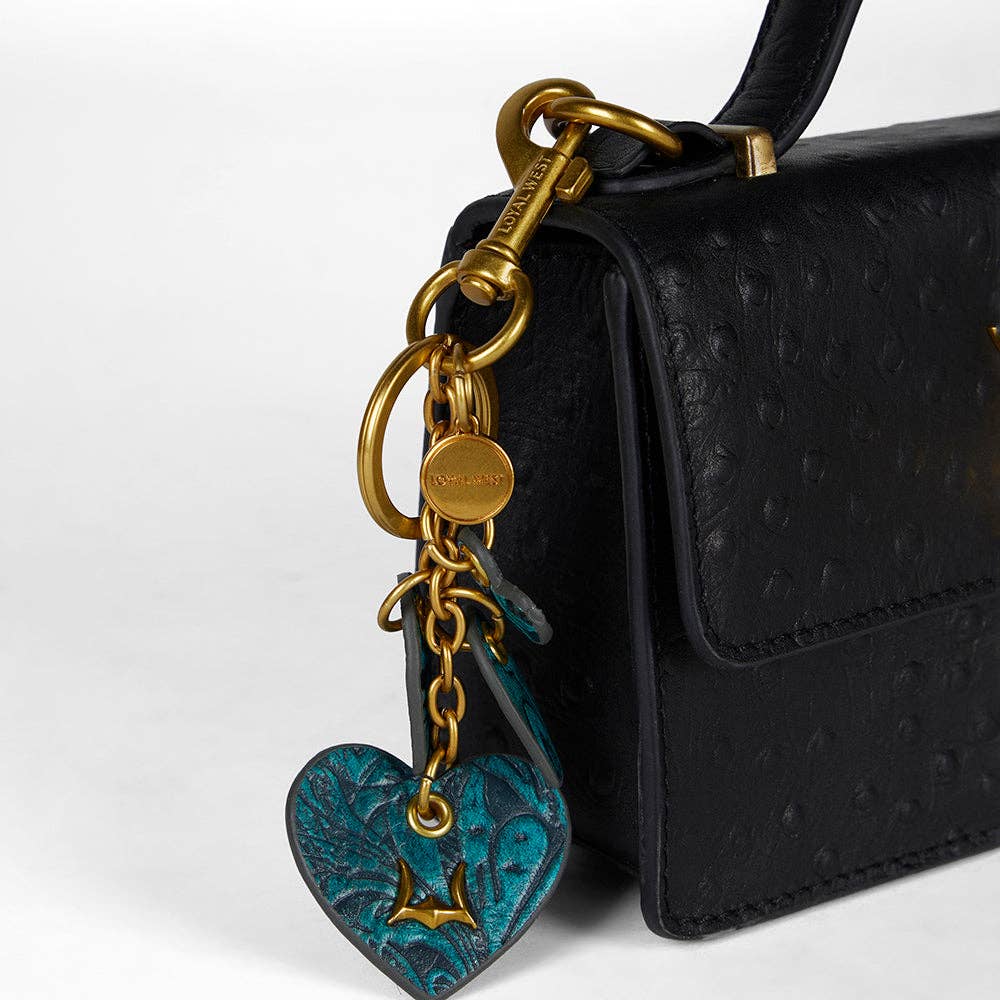 Loyal West Heart Shape Keychain In Hand Finished Embossed Leather -  Turquoise