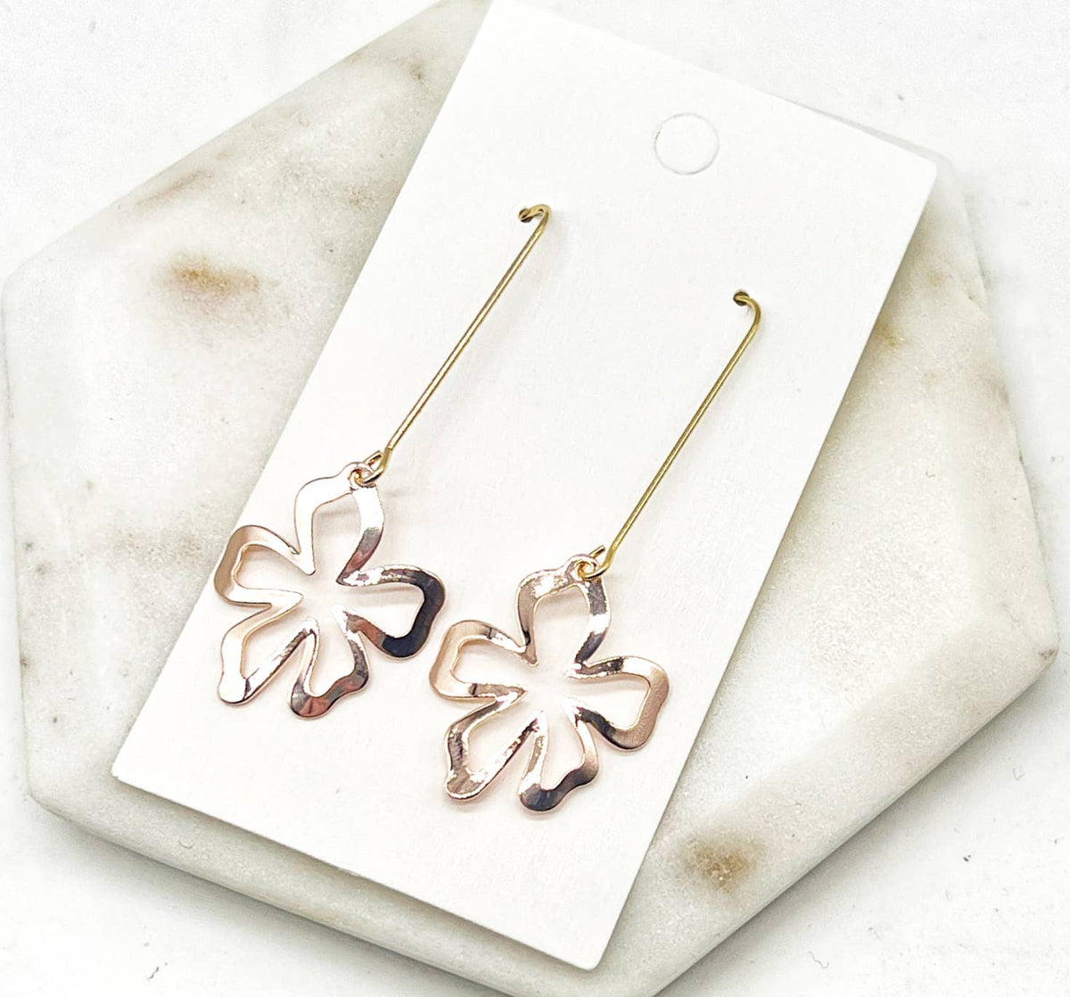 Rose Gold Metal Flower Gold Long Drop Earrings Floral