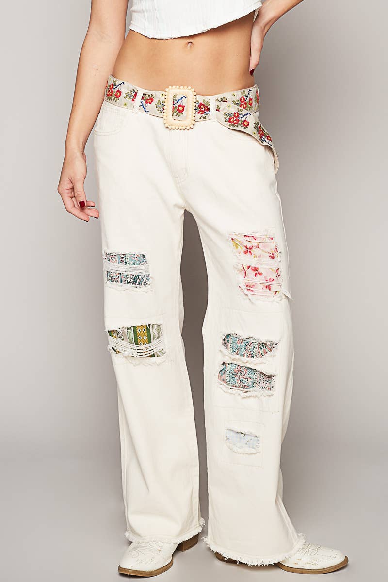 Floral pattern print square buckle belt
